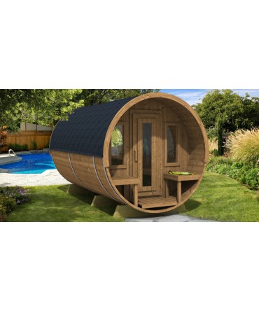 Sauna finlandeza tip Butoi cu ferestre terasa si perete panoramic pentru 5-7 persoane 